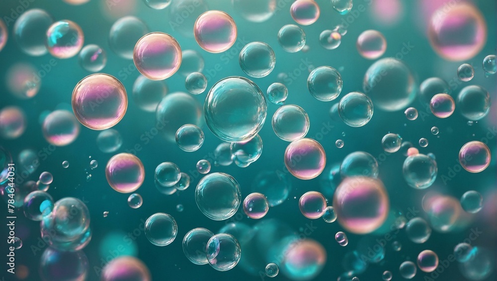 A fantasy-like depiction of various sized bubbles floating seamlessly on a teal backdrop, creating a cool and mysterious underwater scene