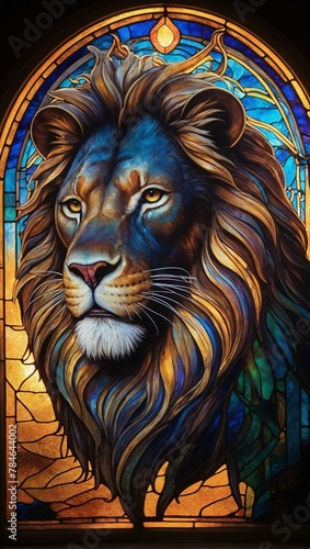 Striking depiction of a lion in a stained-glass window with rich colors and intricate designs