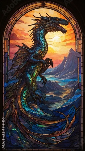 Mystical dragon with shimmering scales in a stained-glass window, evoking a sense of fantasy © ArtistiKa