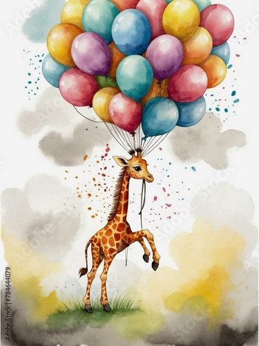 A vibrant watercolor illustration featuring a charming giraffe being carried aloft by a cluster of colorful balloons against a splashy, white background