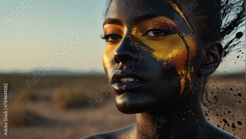 A mysterious woman in a desert with sparkling glitters dispersing around her, reflecting longing and emotion photo