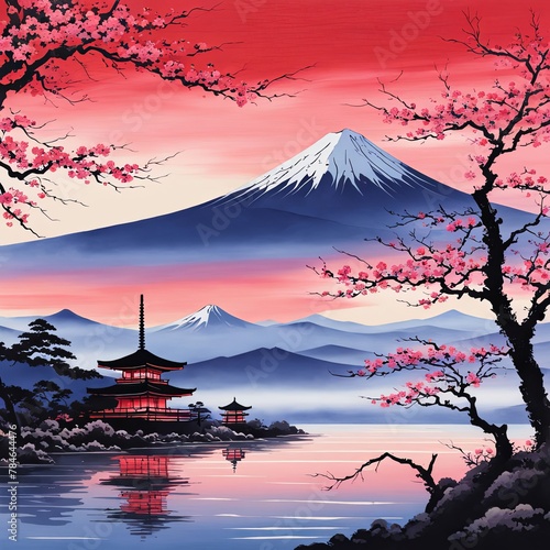 Traditional Japanese pagoda with iconic Mount Fuji in background  capturing essence of Japans natural beauty  cultural heritage. For interior  commercial spaces to create stylish atmosphere  print.