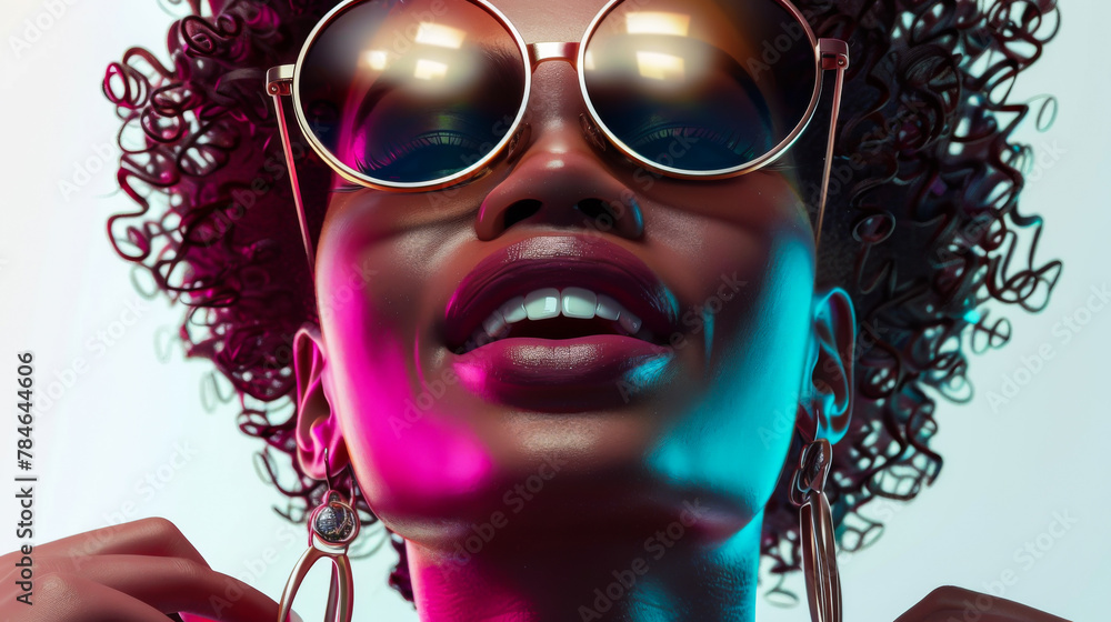 front facing view portrait of bi-racial woman with curly hair with her head pointing up with smiling wearing big stylish sunglasses on a white background. front facing view portrait of bi-racial woman with curly hair with her head pointing up with smiling wearing big stylish sunglasses on a white background.