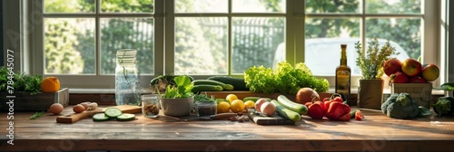 a wooden countertop is adorned with a vibrant array of fresh vegetables and fruits, arranged meticulously around an empty jar and salad bowl 