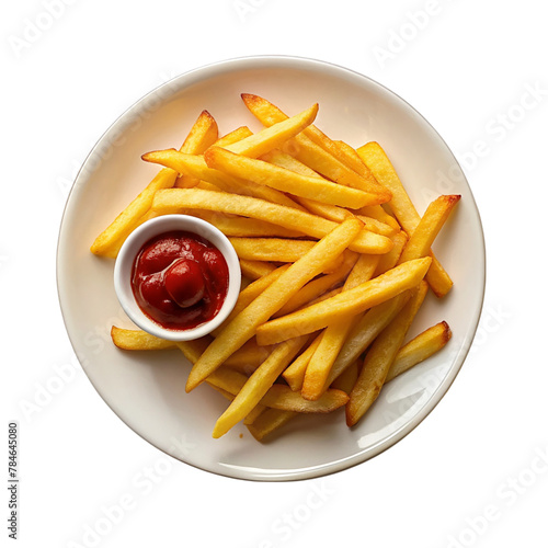 A pile of golden crispy French fries on a plate with ketchup, Isolated on transparent background