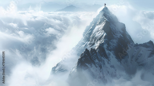High mountain peak piercing through clouds, climber reaching the summit, panoramic view of surrounding peaks, great success