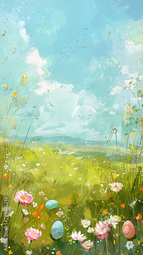 Easter background with flowers and eggs, Easter landscape, illustration, detailed background, vintage style, soft colors, digital art, cute, happy, cheerful, spring, nature, fantasy 9:16