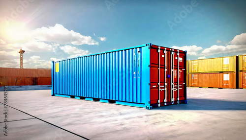 A blue shipping container placed on a concrete surface under bright sunlight