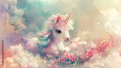 Playful Young Unicorn Lying in a Flower Field with Dreamlike Pastel Backdrop, Watercolor
