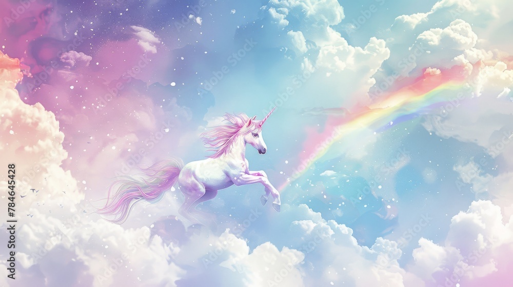Unicorn in Flight with a Vivid Rainbow in a Sky Full of Cotton Candy Clouds, Watercolor