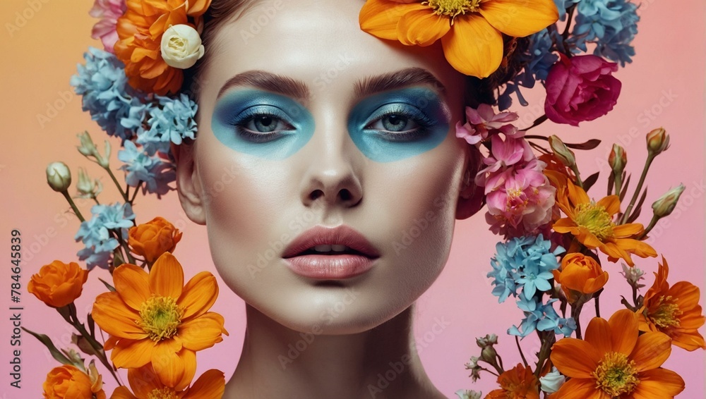 A close-up shot of a woman with striking blue makeup and a vibrant crown of assorted flowers, showcasing artistic beauty