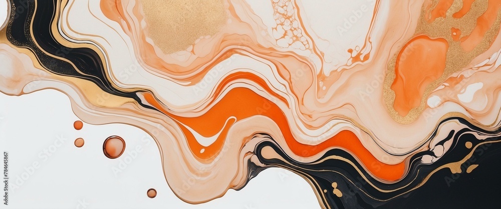 This image shows fluid art with a mix of orange, black, white, and gold, creating organic swirls and patterns This image shows fluid art with a mix of orange, black, white, and gold, creating organic swirls and patterns
