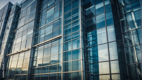 The image shows a contemporary glass building reflecting the blue sky  highlighting modern architecture and design