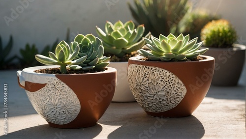 Two healthy succulent plants in ornate terracotta pots basking in the soft sunlight on a serene day © ArtistiKa