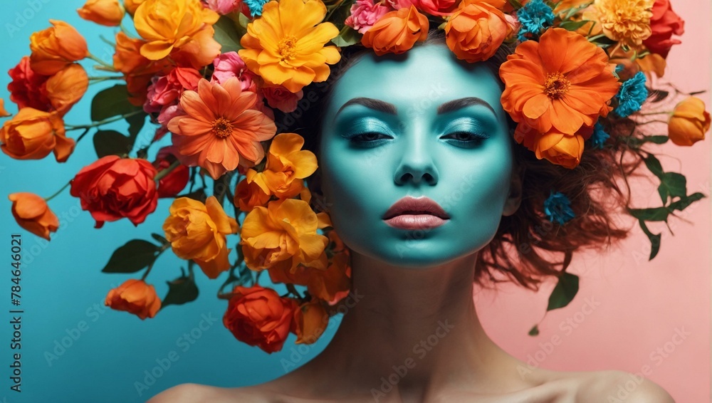 A woman with blue skin tones wears a colorful floral hairpiece against a turquoise backdrop, radiating creativity and artistry