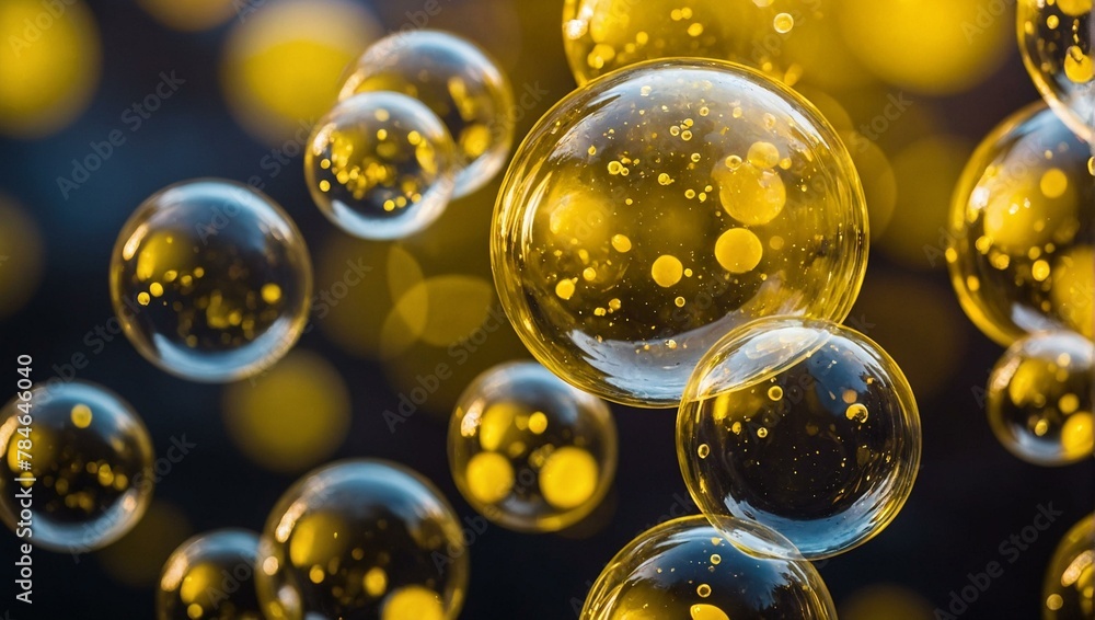 Mysterious golden bubbles of various sizes floating with a blurred background, giving a sense of wonder and abstraction