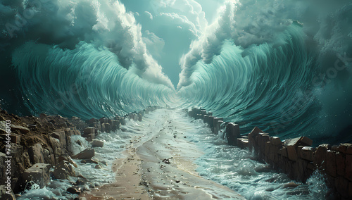 Сomposite of the ocean opening up to form a canal. Moses separate the sea in exodus. Israelites crossing the red sea. Biblical and religion illustration. Happy Passover, Pesah