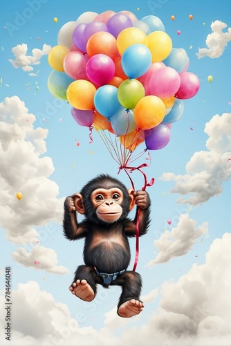 A whimsical image depicts a monkey floating mid-air, holding onto a bunch of colorful balloons against a serene sky backdrop