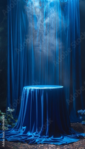 Minimalist Abstract Still Life with Table and Blue Cloth Generative AI photo