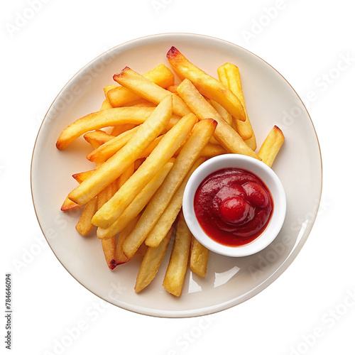A pile of golden crispy French fries on a plate with ketchup, Isolated on transparent background