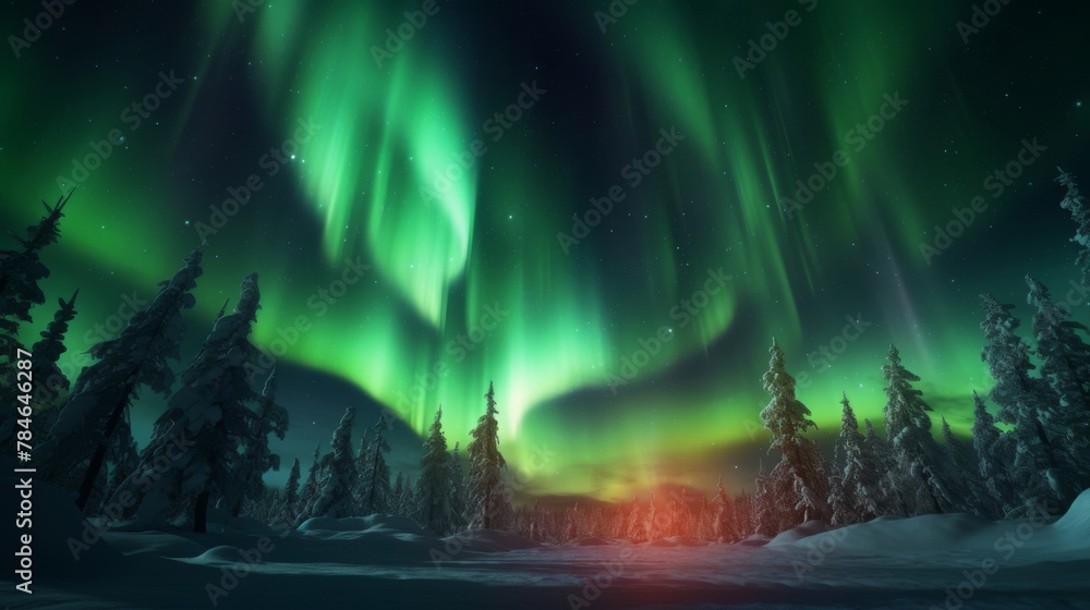 A magical scene of Santa Claus concept in wonder at the vivid Northern Lights,  geometric zenith
