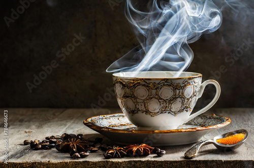 Cup of coffee on a rustic wooden table with coffee beans, star anise and a honeycomb spoon. AI generated. Copy space. photo