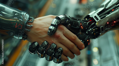 Corporate Concurrence: Close-Up Handshake of Business Partners, Human and Robot photo