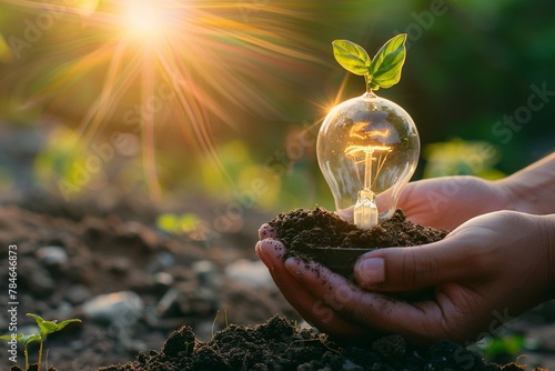 1A pair of hands cupping soil around a clear light bulb with a vibrant green plant sprouting inside, backlit by a warm sunrise glow