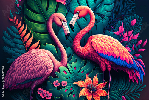 Tropical rain forest with flamingo with leaves and flowers 3D