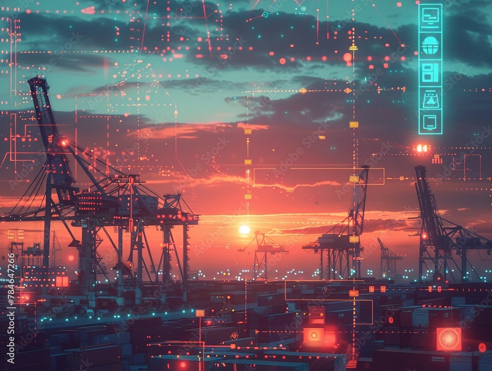 4Freight ships loaded with containers at dusk, digital interface overlays, port cranes silhouette, cybernetic sky