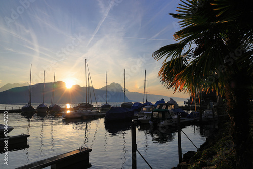 Vitznau boat harbor on Lake Lucerne at dusk. Switzerland, Europe.