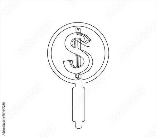 Continuous one line drawing magnifier and dollar icon illustration concept