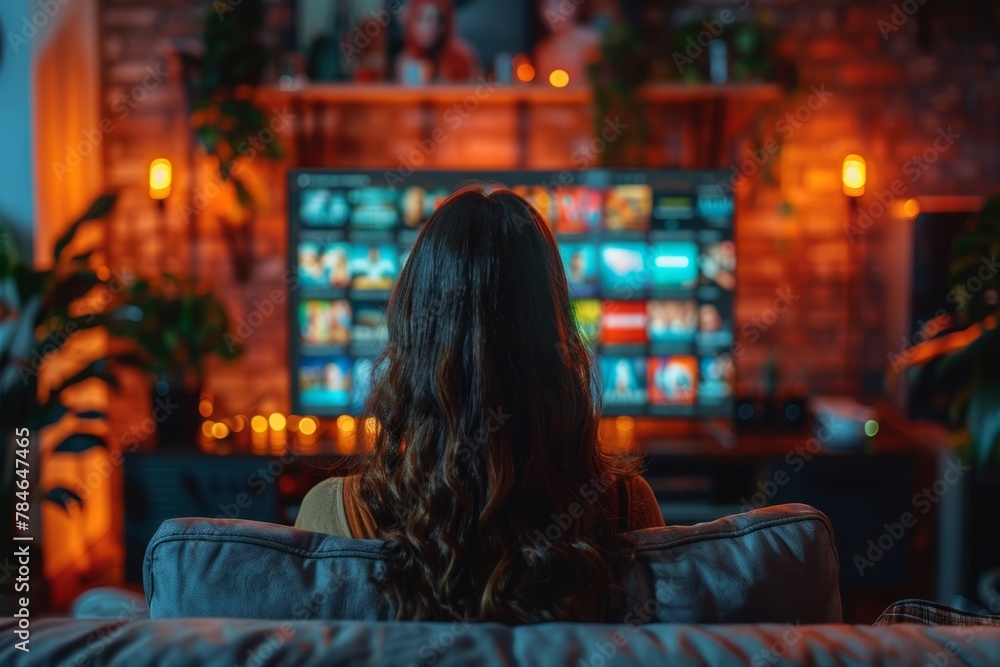 A person seen from behind is browsing a streaming service on a large TV in a warmly lit, comfortable living room.