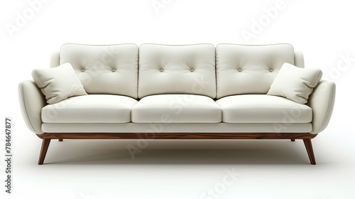 Isolated on a white background, this modern sofa is made from white fabric with three seats.