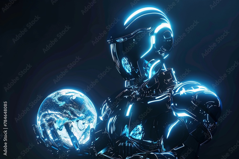 Chrome android holding glowing earth, futuristic blue neon, sleek tech ambiance Chrome android holding glowing earth, futuristic blue neon, sleek tech ambiance