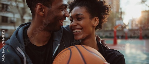 Couple with basketball on court, candid moment, soft focus, urban backdrop