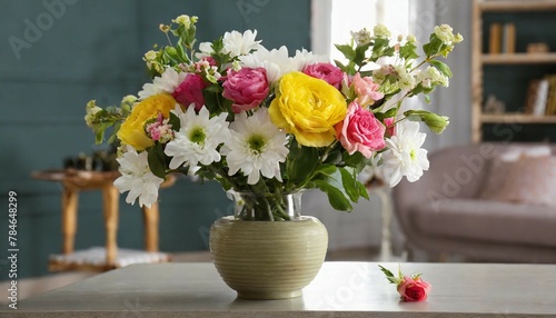 Beautiful bouquet of fresh flowers in vase on table indoors