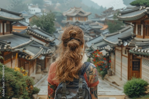 Overlooking a serene street lined with hanok houses  a tattooed individual reflects on the cultural atmosphere of the historic village.