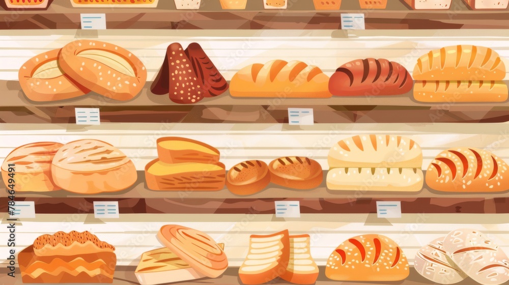 Different type of bread bakery grocery on supermarket shelves wallpaper background