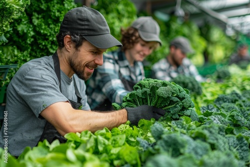 A group of people and children work together in a greenhouse, growing and harvesting vegetables, AI generated