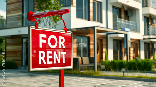 For rent sign outside a house or apartment. Home renting concept photo