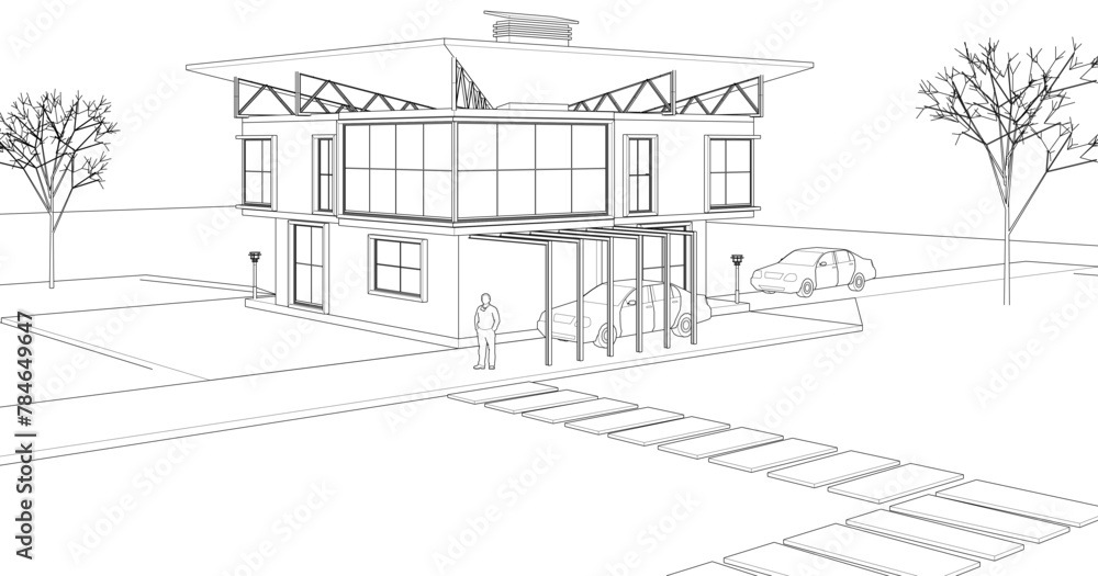 sketch of a modern house 3d rendering
