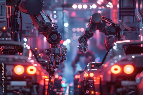 Robotic arms in smart factory, car production, tech lights