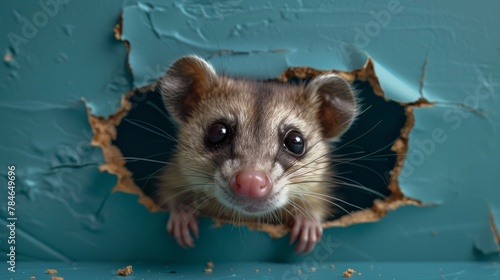 Curious Opossum Behind Blue Paper Backdrop Generative AI