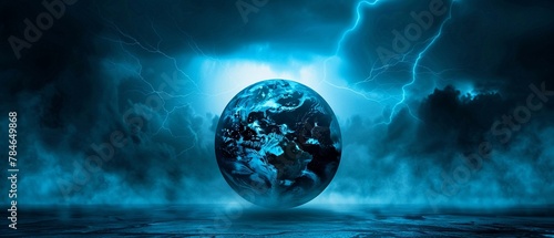 Steel globe silhouette, dramatic lightning strike, moody blue tones, chiaroscuro effect