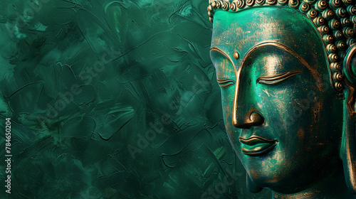 buddha head on green background with copy space 