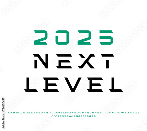 Tech font, digital cyber alphabet, trendy modern Latin letters A, B, C, D, E, F, G, H, I, J, K, L, M, N, O, P, Q, R, S, T, U, V, W, X, Y, Z and Arab numerals 0, 1, 2, 3, 4, 5, 6, 7, 8, 9 made in desig