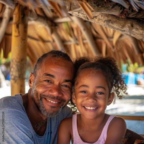 a father and his young daughter relish their vacation at a beach club, seated beneath a thatched roof bar with pristine white sand in the background  © cff999