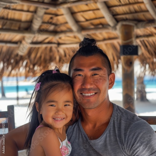 a father and his young daughter relish their vacation at a beach club, seated beneath a thatched roof bar with pristine white sand in the background  © cff999