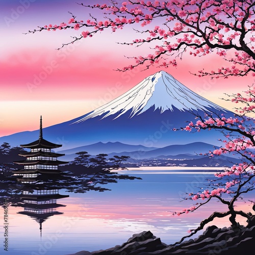 Serene landscape with mountain  pagoda in background. Sky is filled with beautiful pink hue  and moon is shining brightly. Concept of peace  tranquility.For art  creative projects  fashion  magazines.